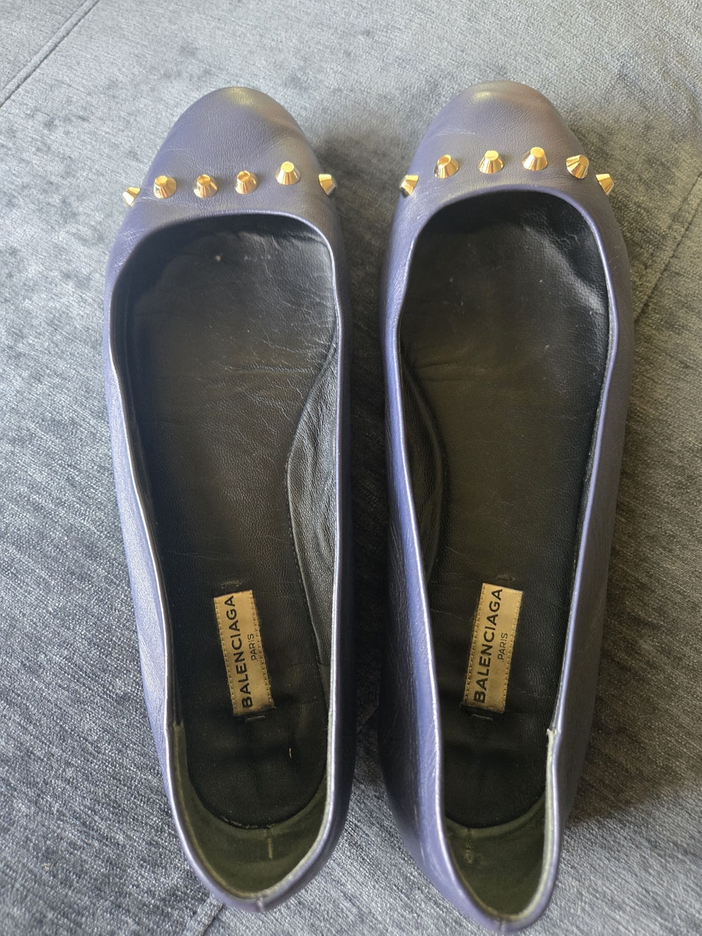Balenciaga Blue Leather Studded Ballet Flats with Gold Accents